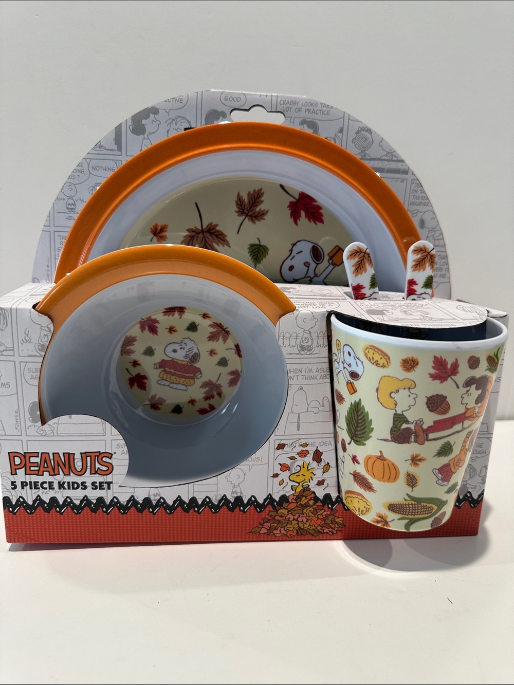 Peanuts 5 Piece Kids Set 100% Dishwasher Safe. Plate, Bowl, Glass, Spoon, Fork.